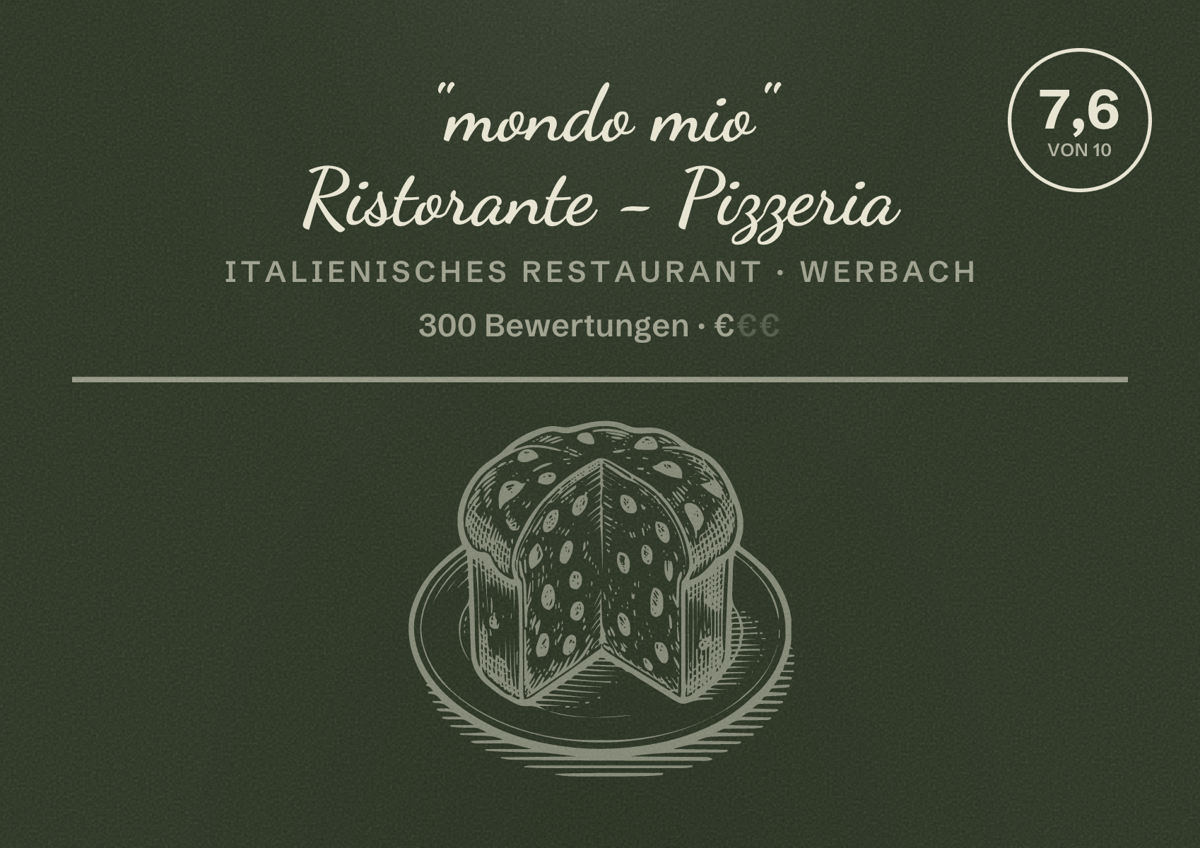 Illustriertes Poster von "mondo mio" Ristorante - Pizzeria, Italienisches Restaurant in Werbach: Bewertung 7,6 von 10 aus 300 Bewertungen, Preisniveau €