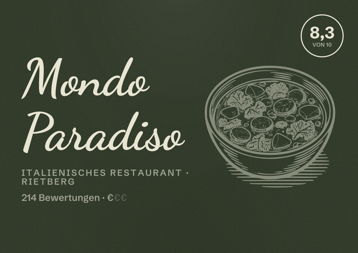 Illustriertes Poster von Mondo Paradiso, Italienisches Restaurant in Rietberg: Bewertung 8,3 von 10 aus 214 Bewertungen, Preisniveau €