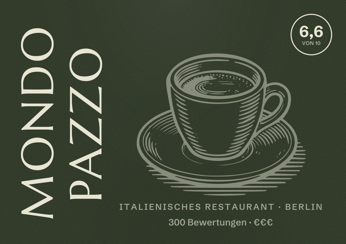 Illustriertes Poster von Mondo Pazzo, Italienisches Restaurant in Berlin: Bewertung 6,6 von 10 aus 300 Bewertungen, Preisniveau €€€