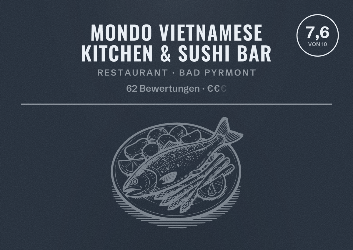 Illustriertes Poster von Mondo Vietnamese Kitchen & Sushi Bar, Restaurant in Bad Pyrmont: Bewertung 7,6 von 10 aus 62 Bewertungen, Preisniveau €€