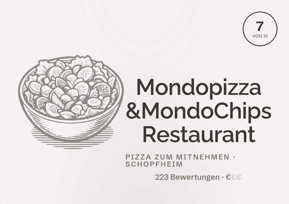Illustriertes Poster von Mondopizza &MondoChips Restaurant, Pizza zum Mitnehmen in Schopfheim: Bewertung 7 von 10 aus 223 Bewertungen, Preisniveau €