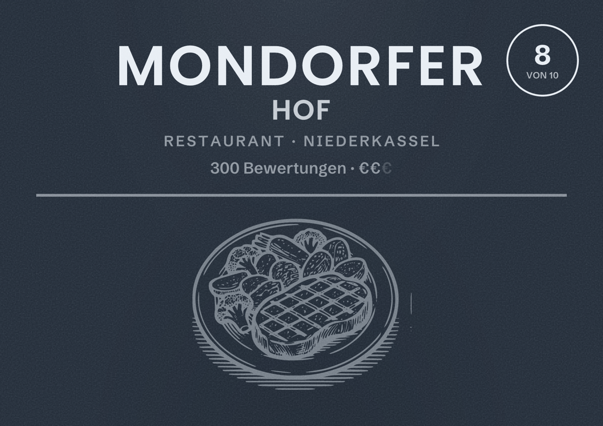 Illustriertes Poster von Mondorfer Hof, Restaurant in Niederkassel: Bewertung 8 von 10 aus 300 Bewertungen, Preisniveau €€