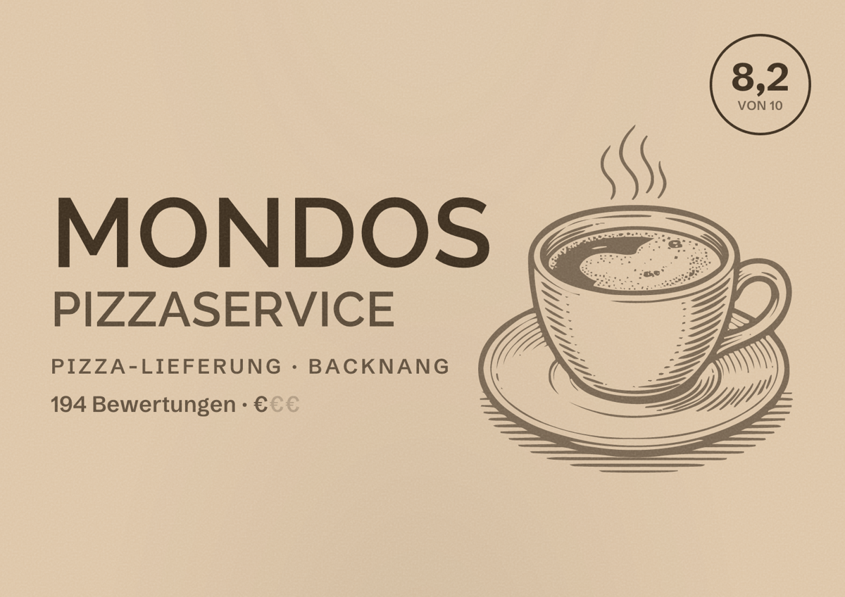 Illustriertes Poster von Mondos Pizzaservice, Pizza-Lieferung in Backnang: Bewertung 8,2 von 10 aus 194 Bewertungen, Preisniveau €