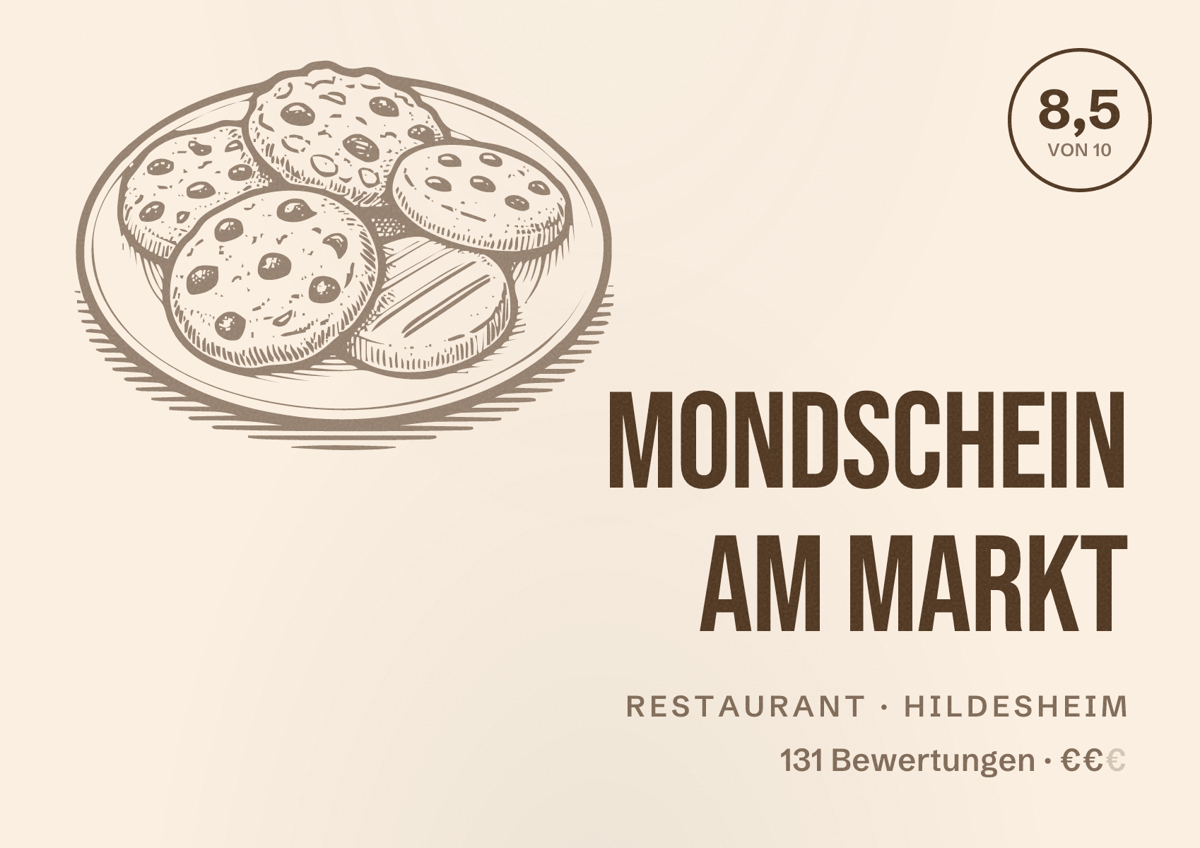 Illustriertes Poster von Mondschein Am Markt, Restaurant in Hildesheim: Bewertung 8,5 von 10 aus 131 Bewertungen, Preisniveau €€