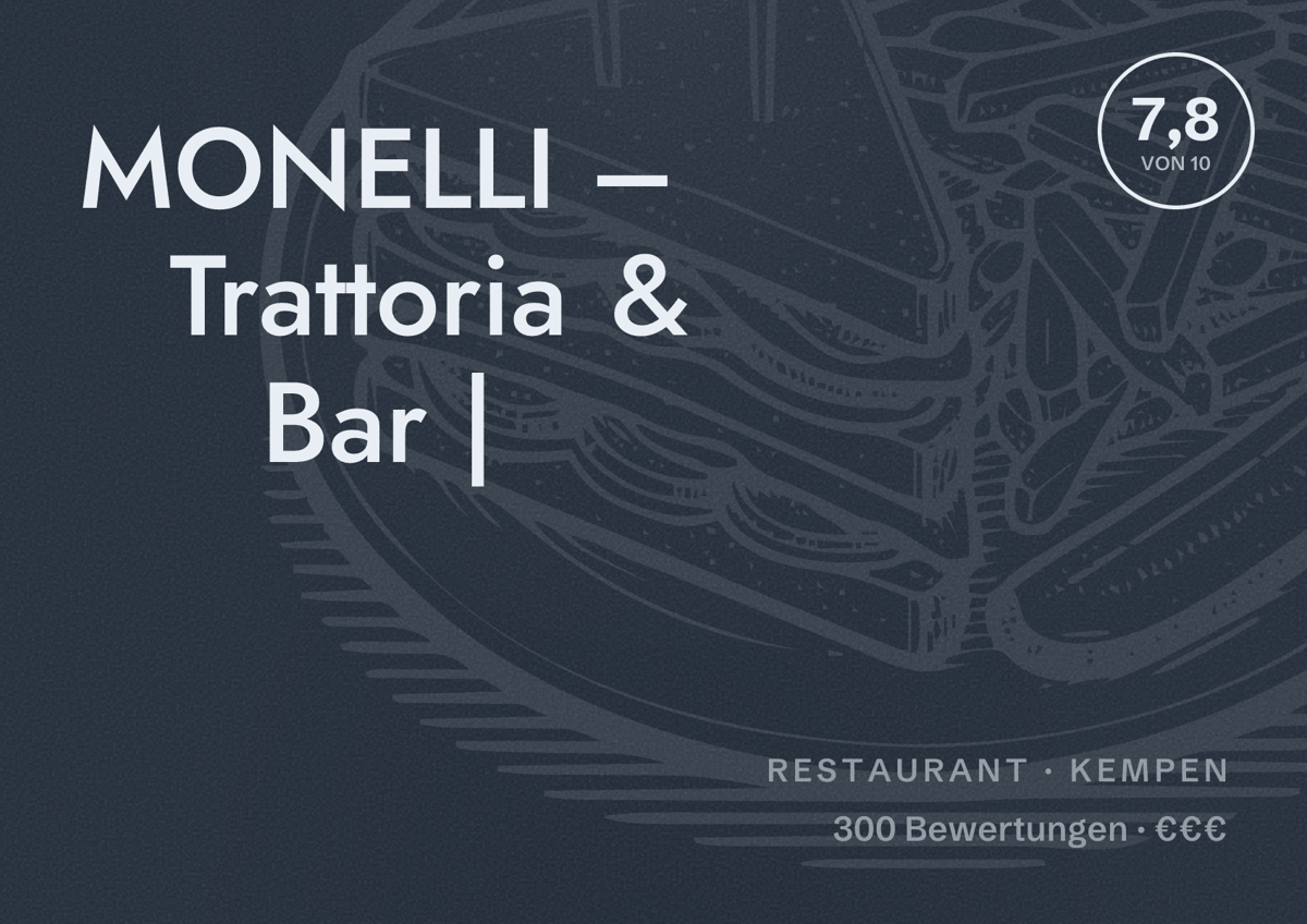 Illustriertes Poster von MONELLI – Trattoria & Bar |, Restaurant in Kempen: Bewertung 7,8 von 10 aus 300 Bewertungen, Preisniveau €€€