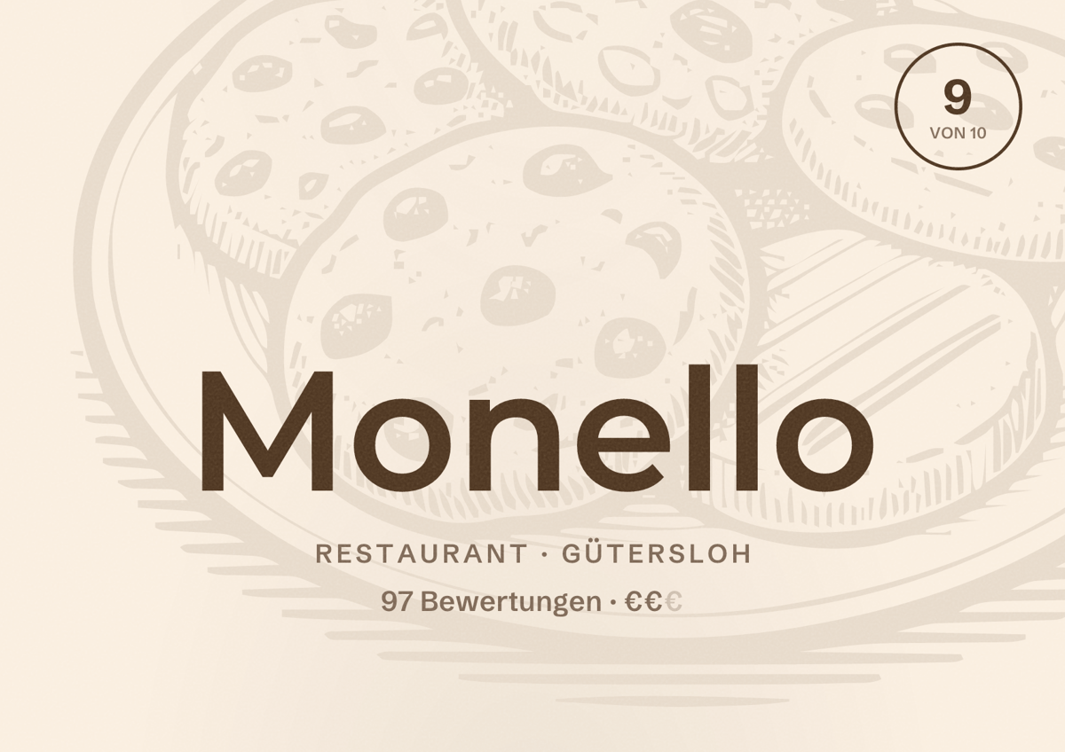 Illustriertes Poster von Monello, Restaurant in Gütersloh: Bewertung 9 von 10 aus 97 Bewertungen, Preisniveau €€