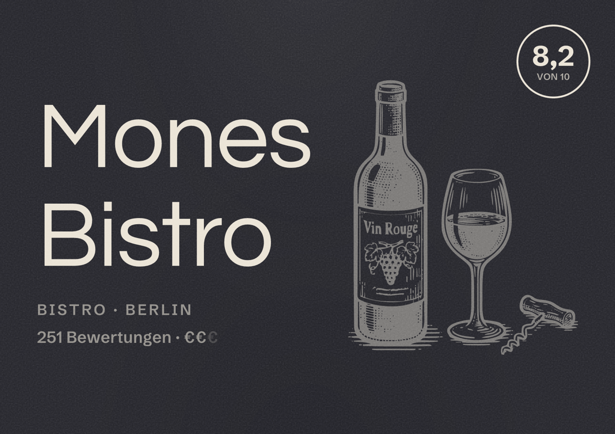 Illustriertes Poster von Mones Bistro, Bistro in Berlin: Bewertung 8,2 von 10 aus 251 Bewertungen, Preisniveau €€
