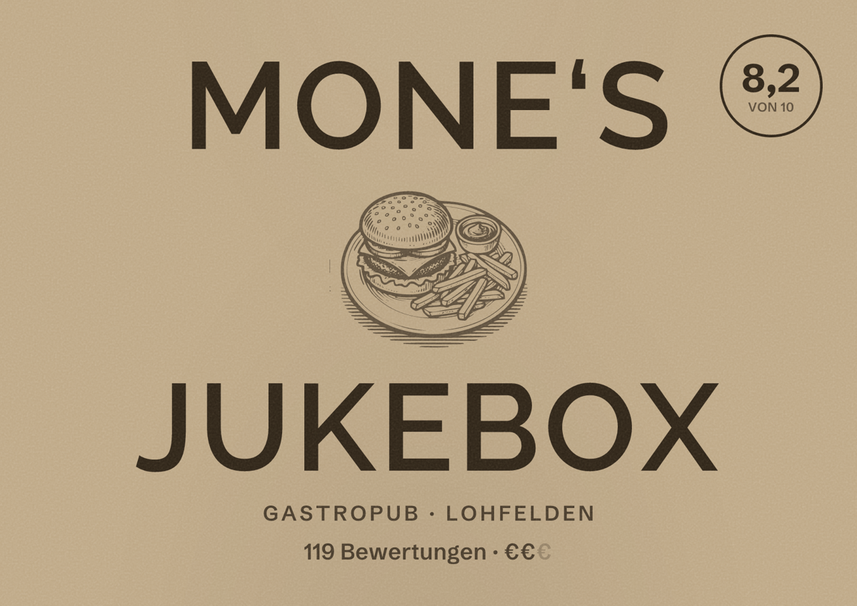 Illustriertes Poster von Mone‘S Jukebox, Gastropub in Lohfelden: Bewertung 8,2 von 10 aus 119 Bewertungen, Preisniveau €€