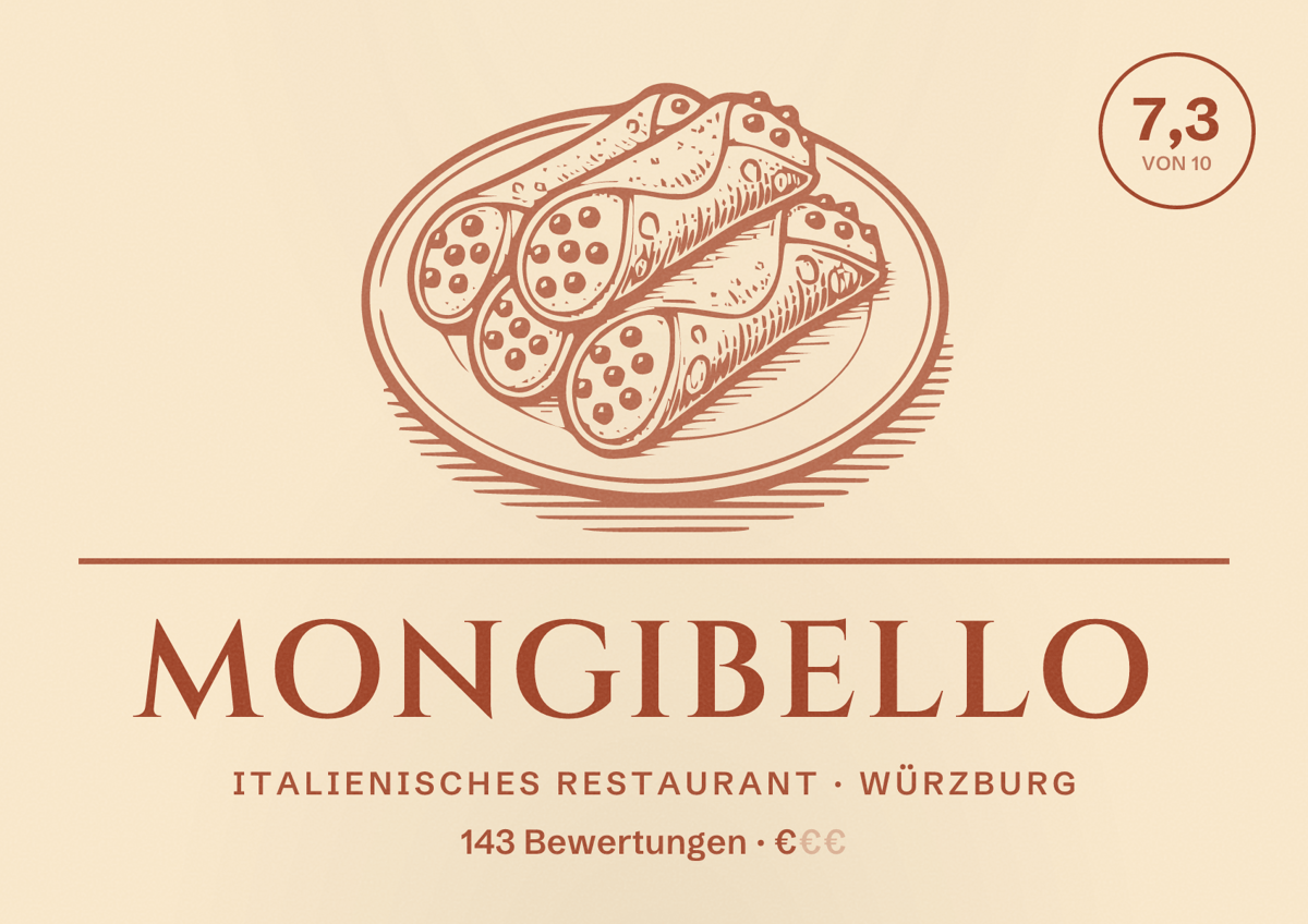 Illustriertes Poster von Mongibello, Italienisches Restaurant in Würzburg: Bewertung 7,3 von 10 aus 143 Bewertungen, Preisniveau €
