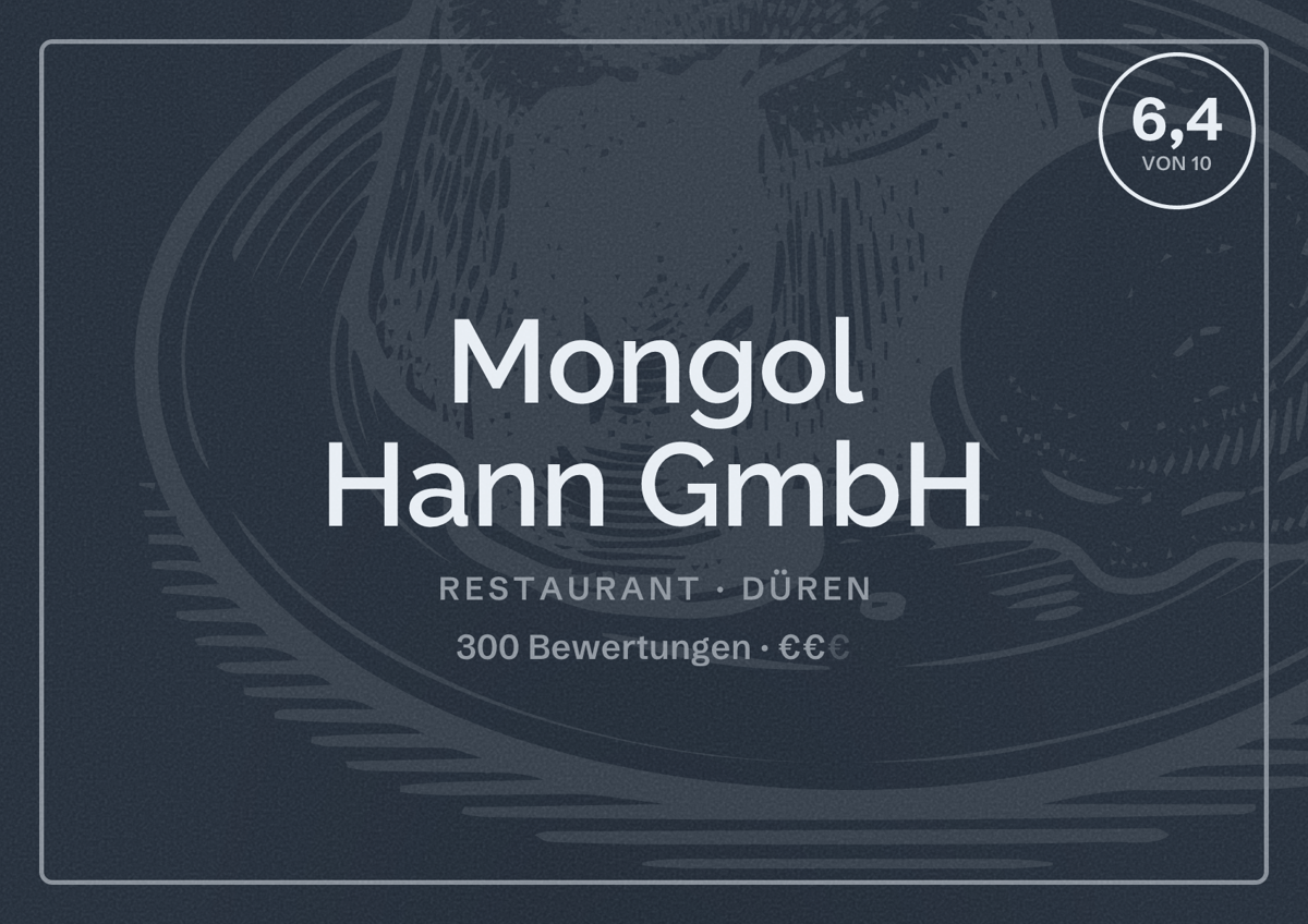 Illustriertes Poster von Mongol Hann GmbH, Restaurant in Düren: Bewertung 6,4 von 10 aus 300 Bewertungen, Preisniveau €€
