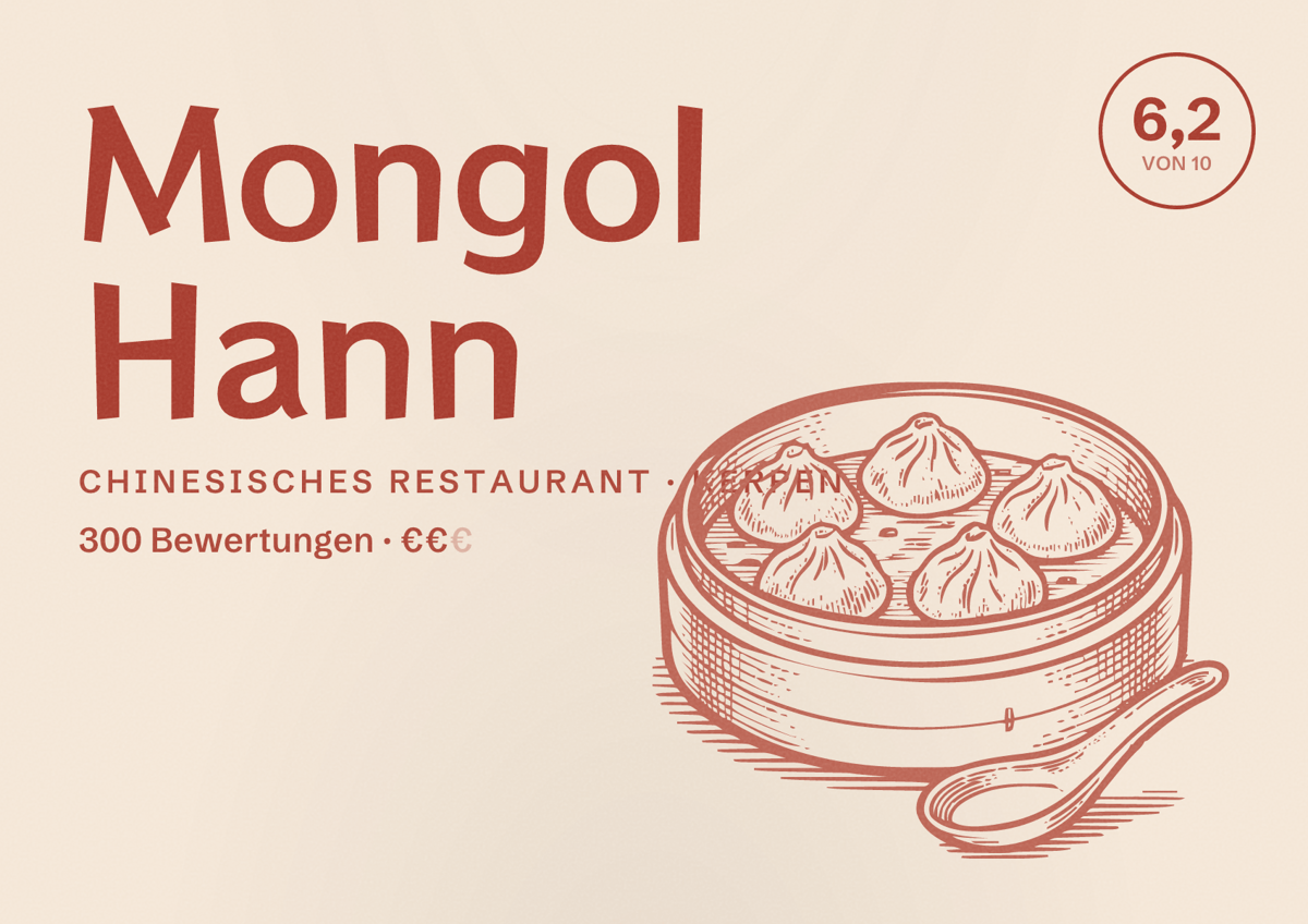 Illustriertes Poster von Mongol Hann, Chinesisches Restaurant in Kerpen: Bewertung 6,2 von 10 aus 300 Bewertungen, Preisniveau €€