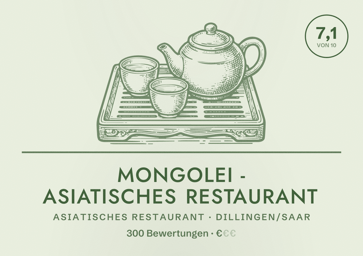 Illustriertes Poster von Mongolei - Asiatisches Restaurant, Asiatisches Restaurant in Dillingen/Saar: Bewertung 7,1 von 10 aus 300 Bewertungen, Preisniveau €