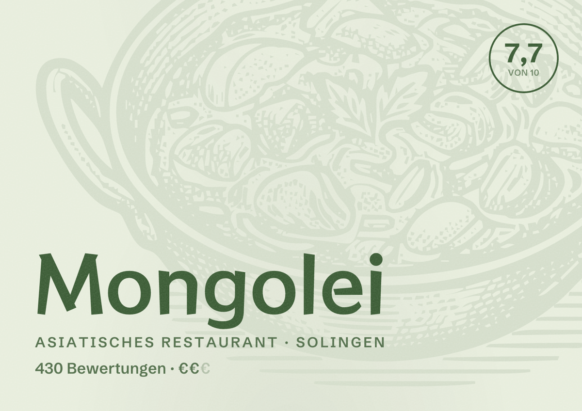 Illustriertes Poster von Mongolei, Asiatisches Restaurant in Solingen: Bewertung 7,7 von 10 aus 430 Bewertungen, Preisniveau €€