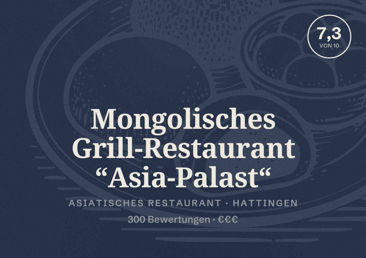 Illustriertes Poster von Mongolisches Grill-Restaurant “Asia-Palast“, Asiatisches Restaurant in Hattingen: Bewertung 7,3 von 10 aus 300 Bewertungen, Preisniveau €€€