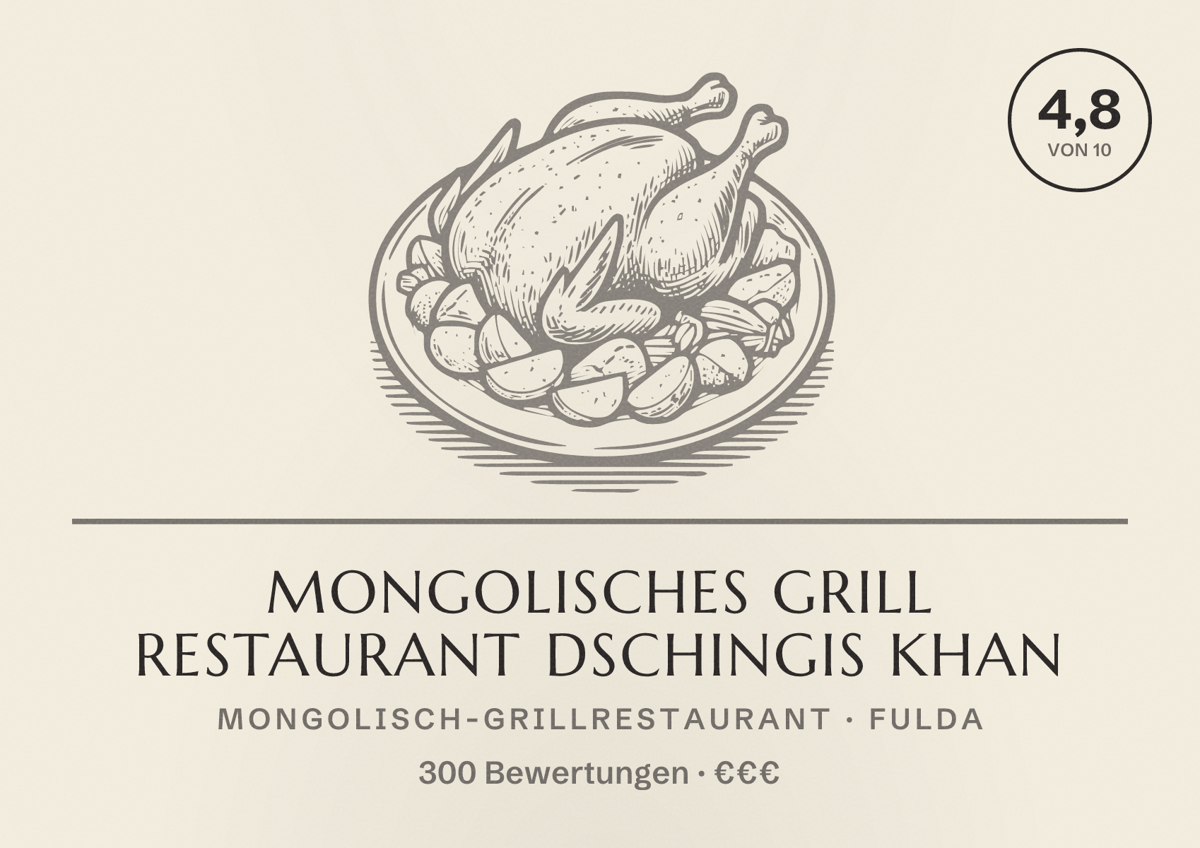 Illustriertes Poster von Mongolisches Grill Restaurant Dschingis Khan, Mongolisch-Grillrestaurant in Fulda: Bewertung 4,8 von 10 aus 300 Bewertungen, Preisniveau €€€