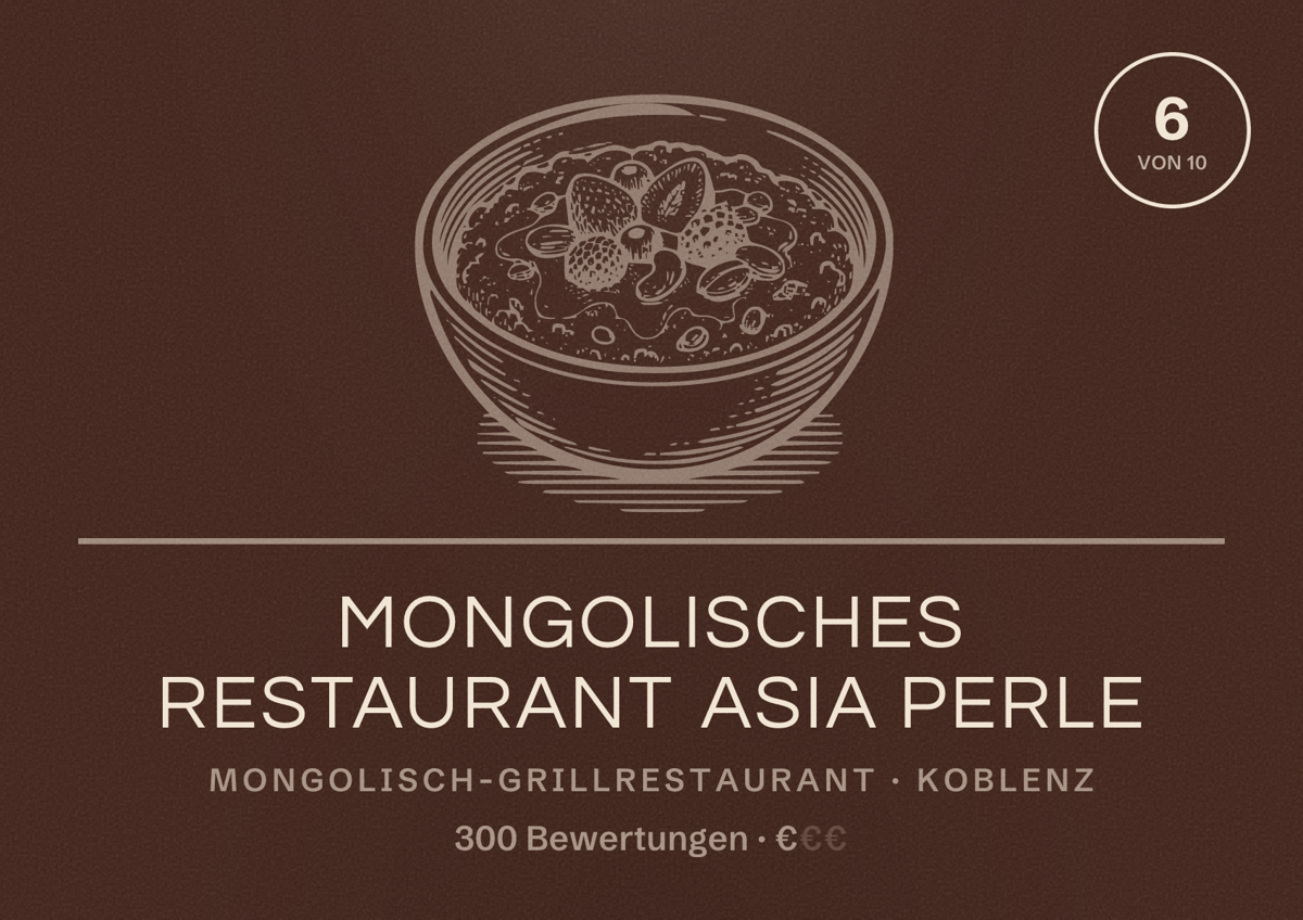 Illustriertes Poster von Mongolisches Restaurant Asia Perle, Mongolisch-Grillrestaurant in Koblenz: Bewertung 6 von 10 aus 300 Bewertungen, Preisniveau €