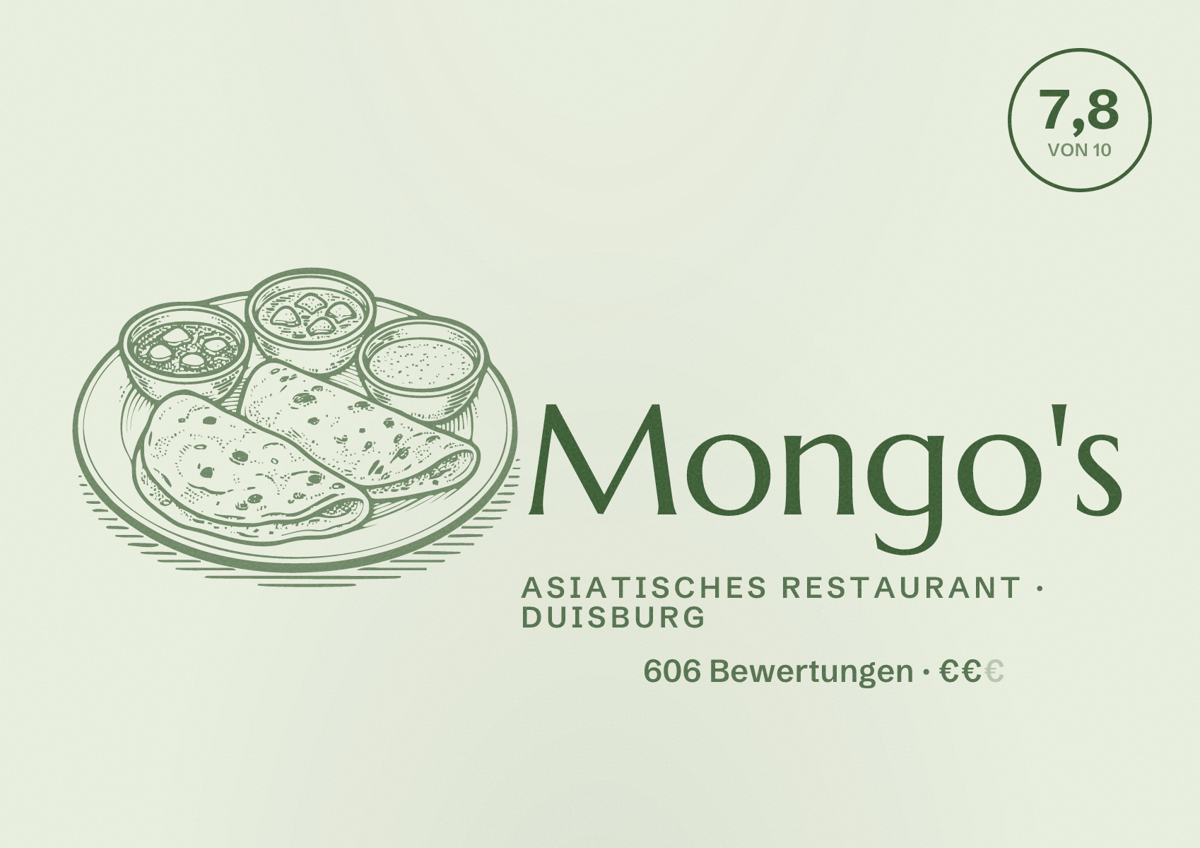 Illustriertes Poster von Mongo's, Asiatisches Restaurant in Duisburg: Bewertung 7,8 von 10 aus 606 Bewertungen, Preisniveau €€