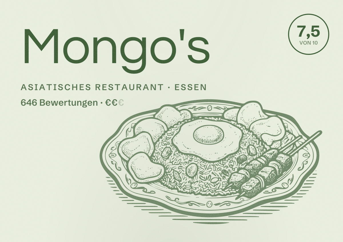 Illustriertes Poster von Mongo's, Asiatisches Restaurant in Essen: Bewertung 7,5 von 10 aus 646 Bewertungen, Preisniveau €€