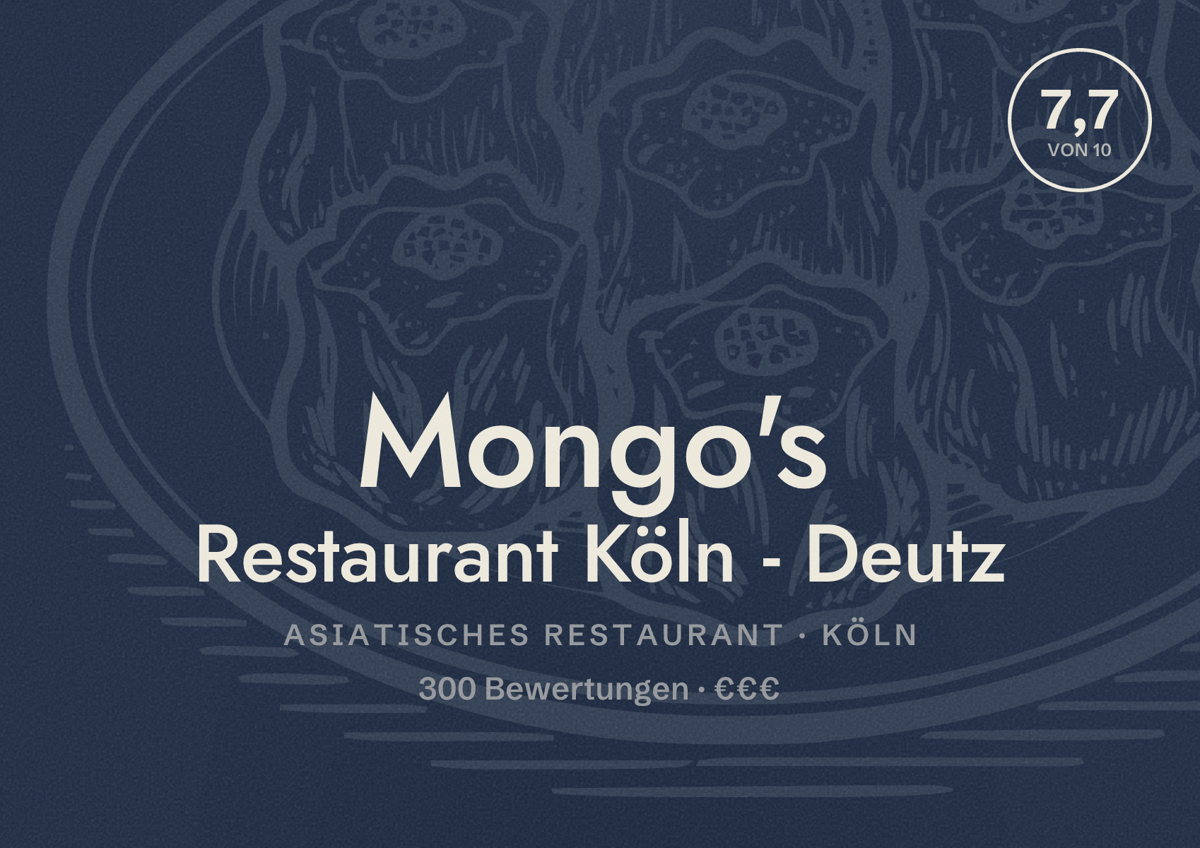 Illustriertes Poster von Mongo's Restaurant Köln - Deutz, Asiatisches Restaurant in Köln: Bewertung 7,7 von 10 aus 300 Bewertungen, Preisniveau €€€