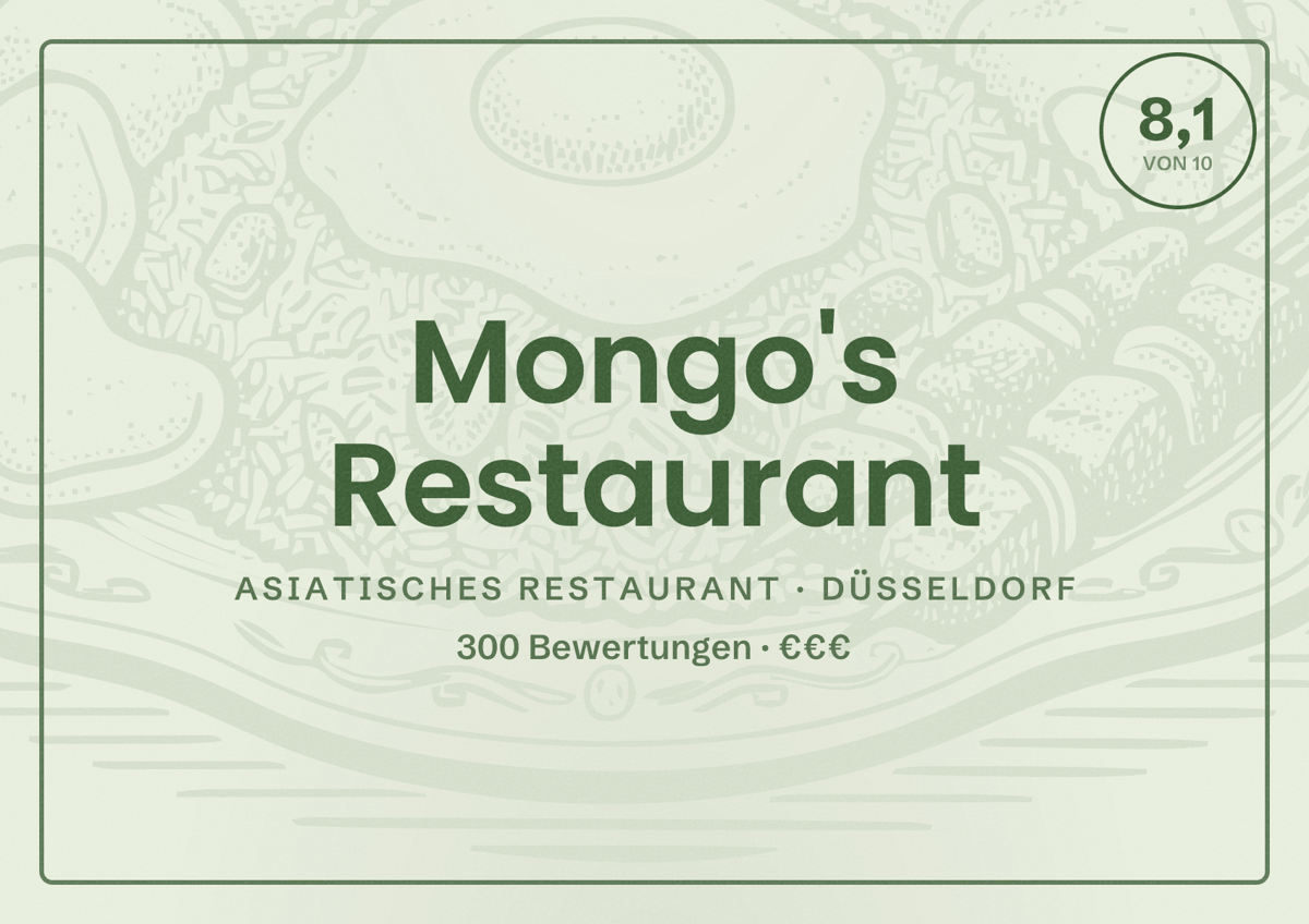 Illustriertes Poster von Mongo's Restaurant, Asiatisches Restaurant in Düsseldorf: Bewertung 8,1 von 10 aus 300 Bewertungen, Preisniveau €€€