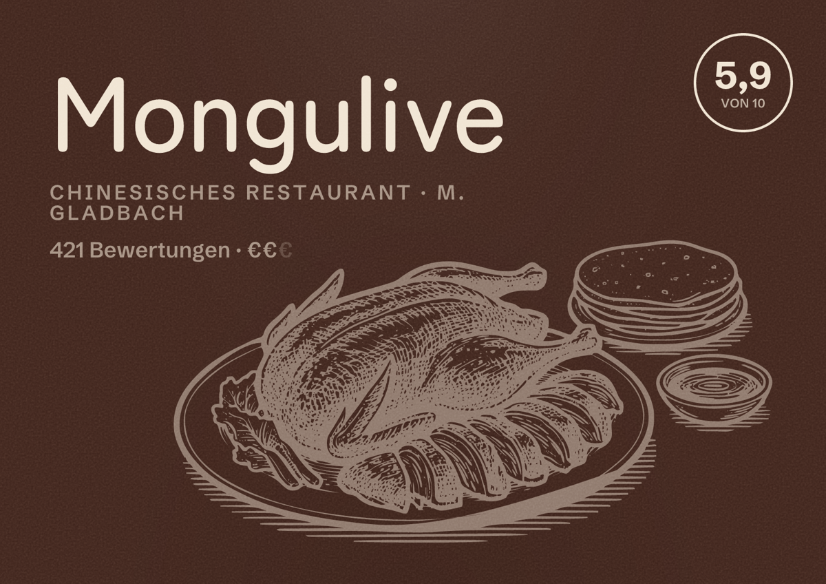 Illustriertes Poster von Mongulive, Chinesisches Restaurant in M. Gladbach: Bewertung 5,9 von 10 aus 421 Bewertungen, Preisniveau €€