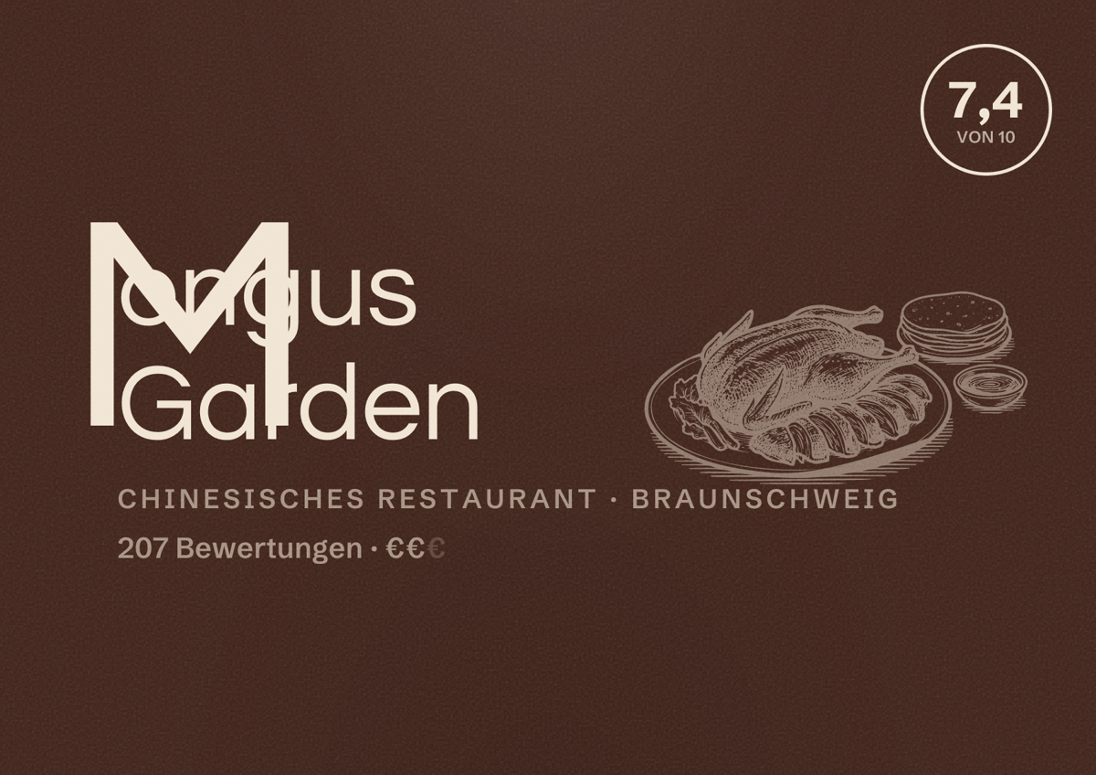 Illustriertes Poster von Mongus Garden, Chinesisches Restaurant in Braunschweig: Bewertung 7,4 von 10 aus 207 Bewertungen, Preisniveau €€