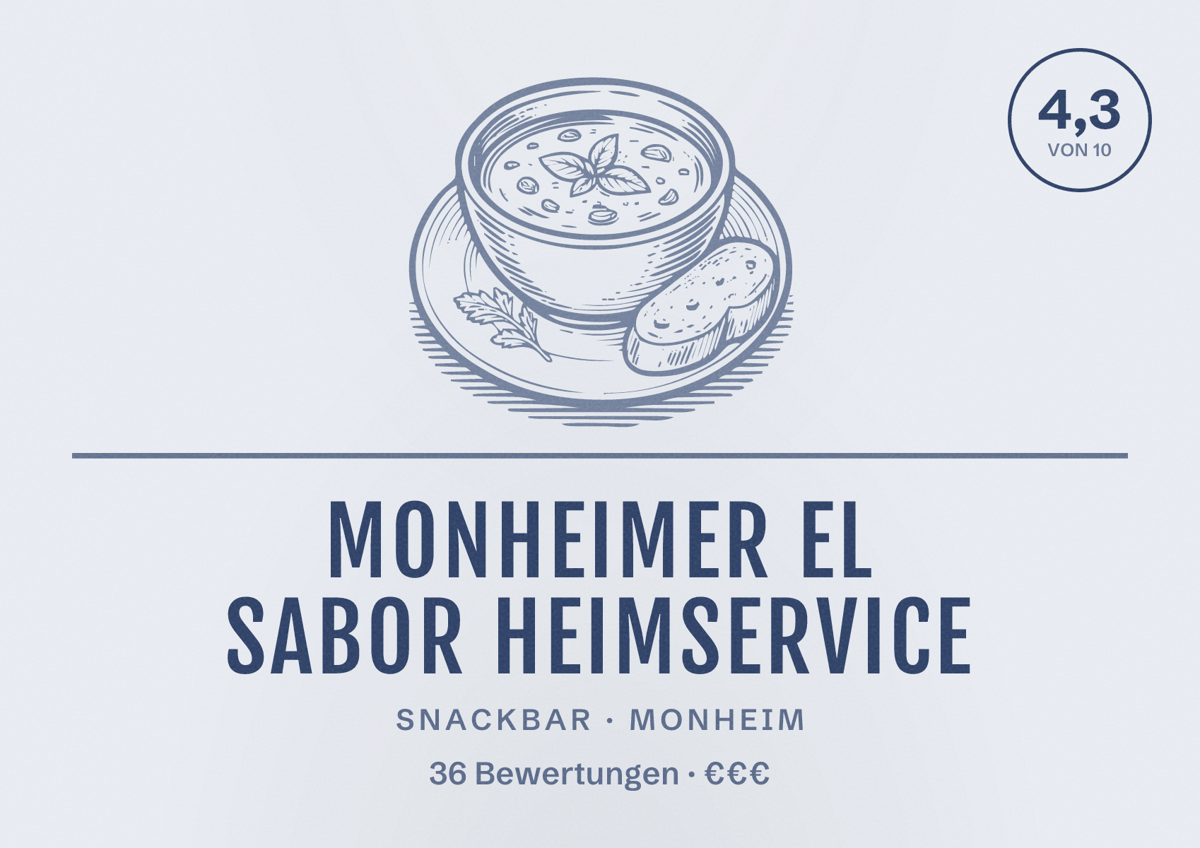 Illustriertes Poster von Monheimer El Sabor Heimservice, Snackbar in Monheim: Bewertung 4,3 von 10 aus 36 Bewertungen, Preisniveau €€€