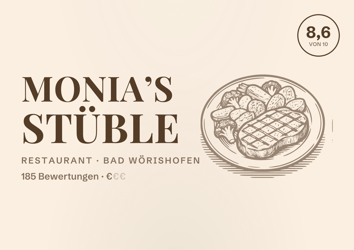 Illustriertes Poster von Monia’S Stüble, Restaurant in Bad Wörishofen: Bewertung 8,6 von 10 aus 185 Bewertungen, Preisniveau €