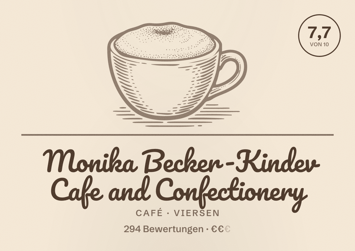 Illustriertes Poster von Monika Becker-Kindev Cafe and Confectionery, Café in Viersen: Bewertung 7,7 von 10 aus 294 Bewertungen, Preisniveau €€