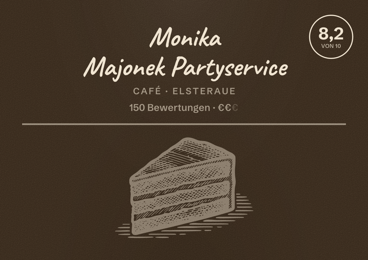 Illustriertes Poster von Monika Majonek Partyservice, Café in Elsteraue: Bewertung 8,2 von 10 aus 150 Bewertungen, Preisniveau €€