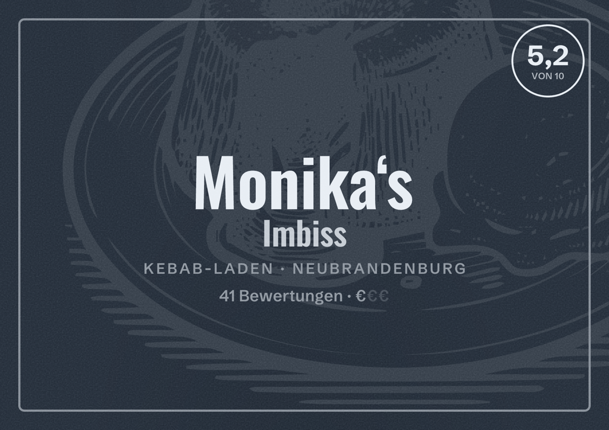 Illustriertes Poster von Monika‘s Imbiss, Kebab-Laden in Neubrandenburg: Bewertung 5,2 von 10 aus 41 Bewertungen, Preisniveau €