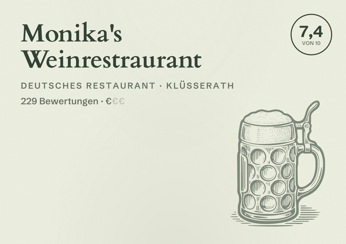Illustriertes Poster von Monika's Weinrestraurant, Deutsches Restaurant in Klüsserath: Bewertung 7,4 von 10 aus 229 Bewertungen, Preisniveau €