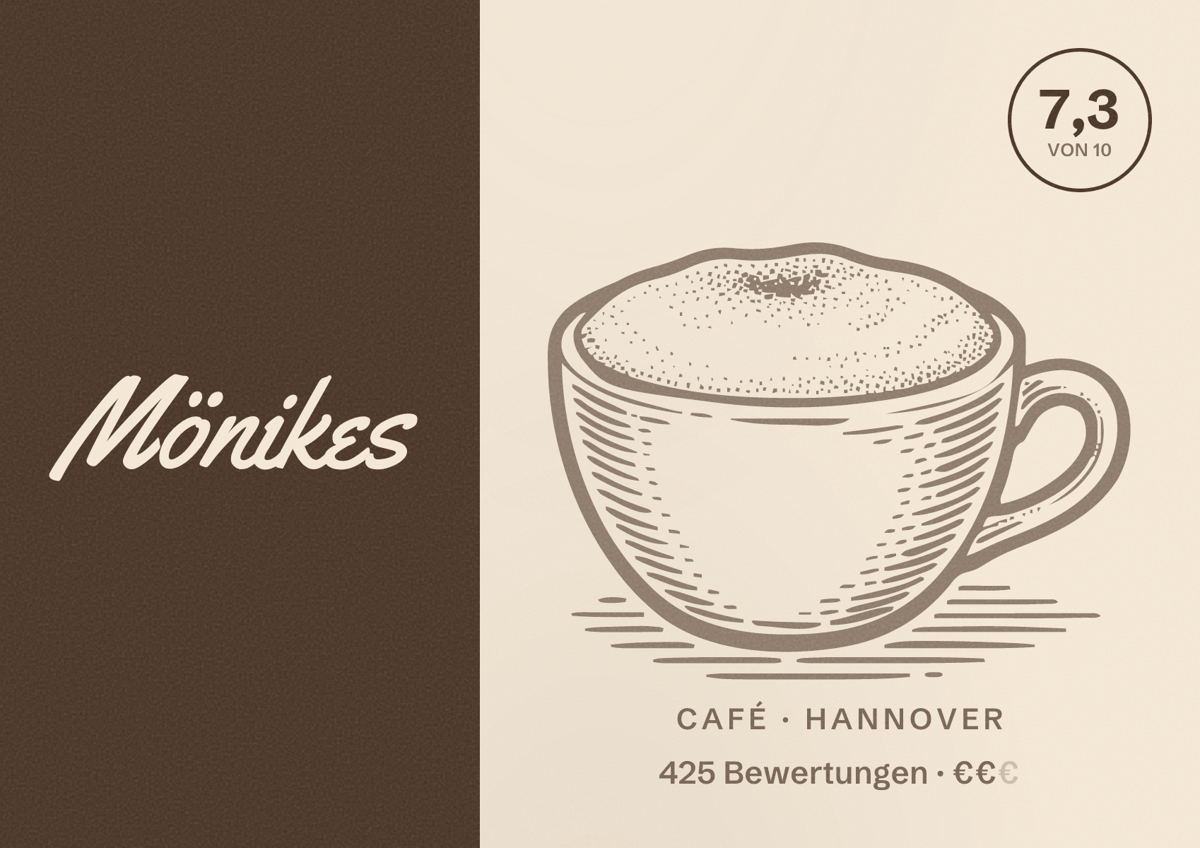 Illustriertes Poster von Mönikes, Café in Hannover: Bewertung 7,3 von 10 aus 425 Bewertungen, Preisniveau €€