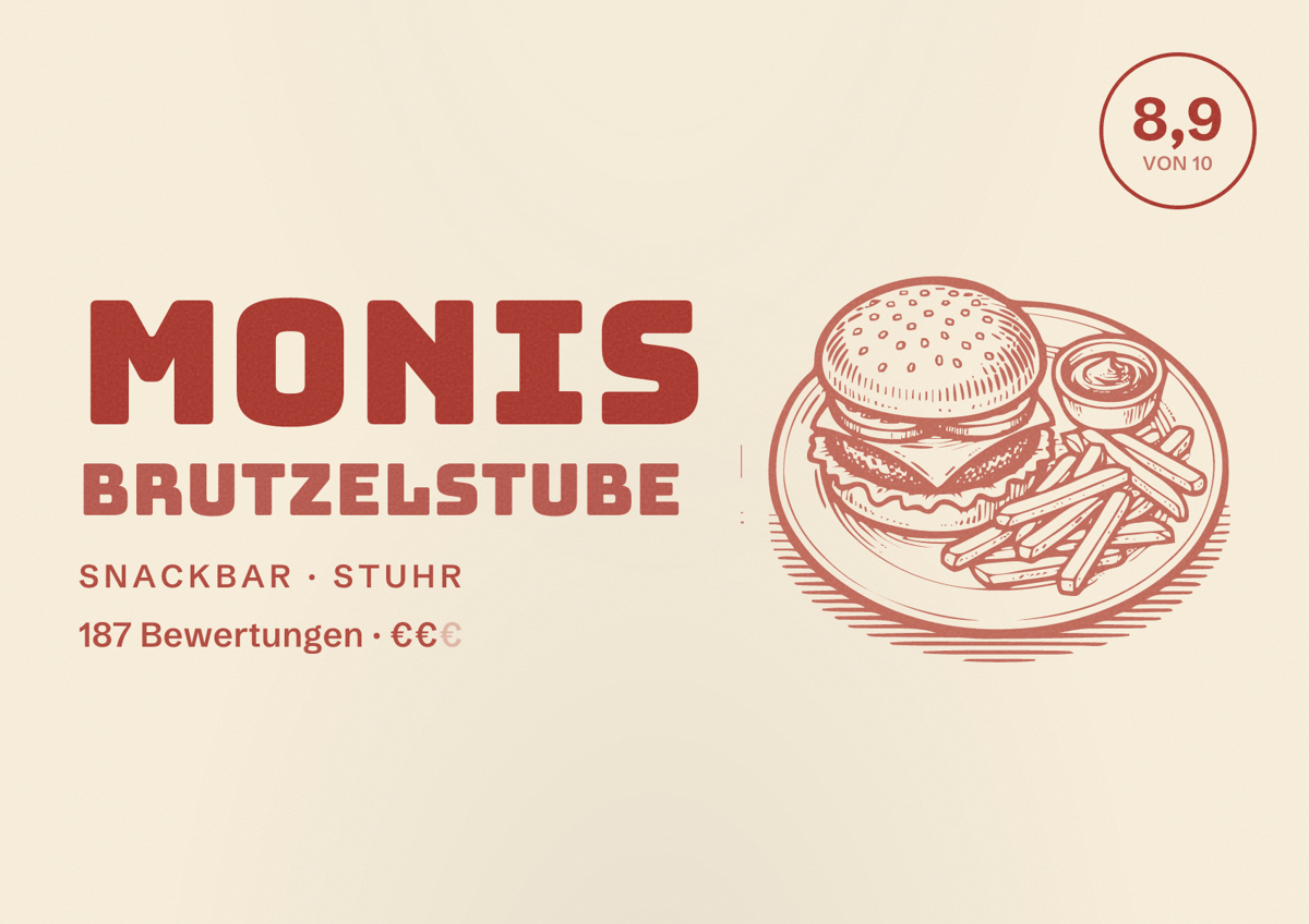 Illustriertes Poster von Monis Brutzelstube, Snackbar in Stuhr: Bewertung 8,9 von 10 aus 187 Bewertungen, Preisniveau €€