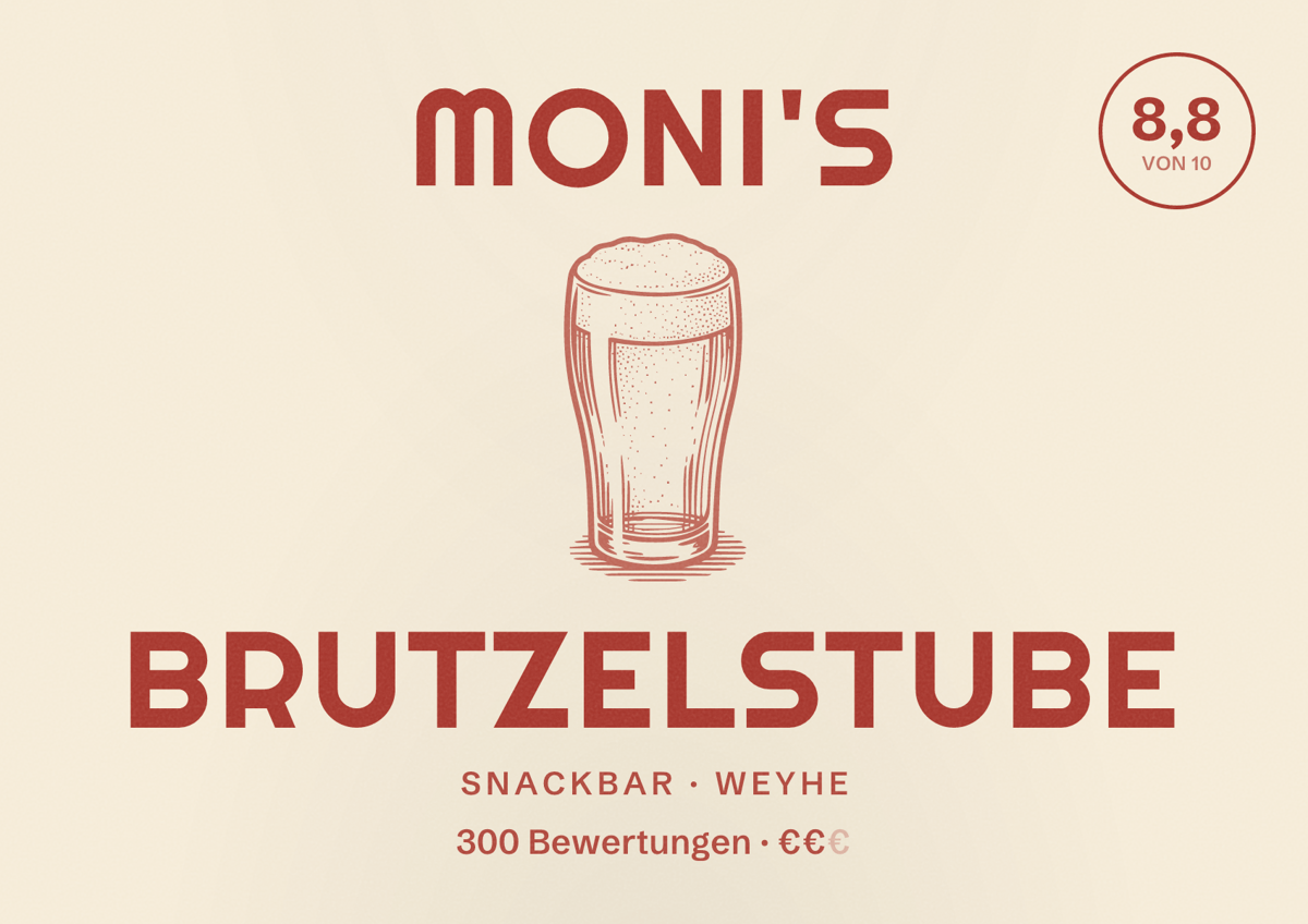 Illustriertes Poster von Moni's Brutzelstube, Snackbar in Weyhe: Bewertung 8,8 von 10 aus 300 Bewertungen, Preisniveau €€