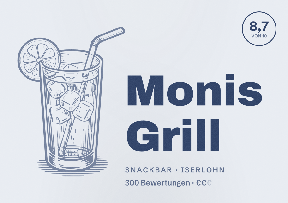 Illustriertes Poster von Monis Grill, Snackbar in Iserlohn: Bewertung 8,7 von 10 aus 300 Bewertungen, Preisniveau €€