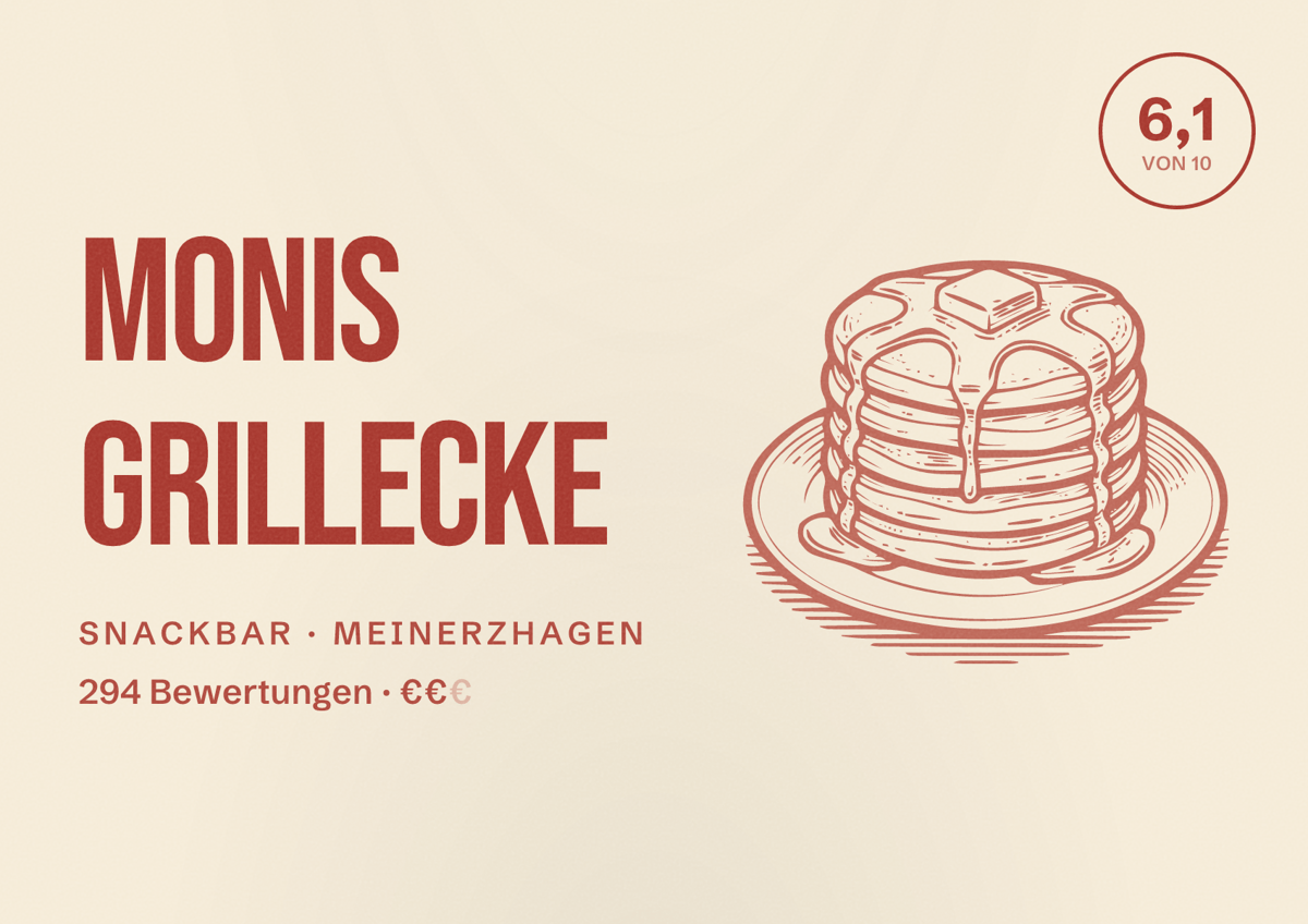 Illustriertes Poster von Monis Grillecke, Snackbar in Meinerzhagen: Bewertung 6,1 von 10 aus 294 Bewertungen, Preisniveau €€
