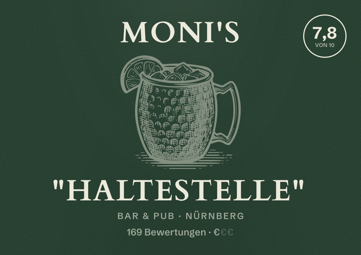 Illustriertes Poster von Moni's "Haltestelle", Bar & Pub in Nürnberg: Bewertung 7,8 von 10 aus 169 Bewertungen, Preisniveau €