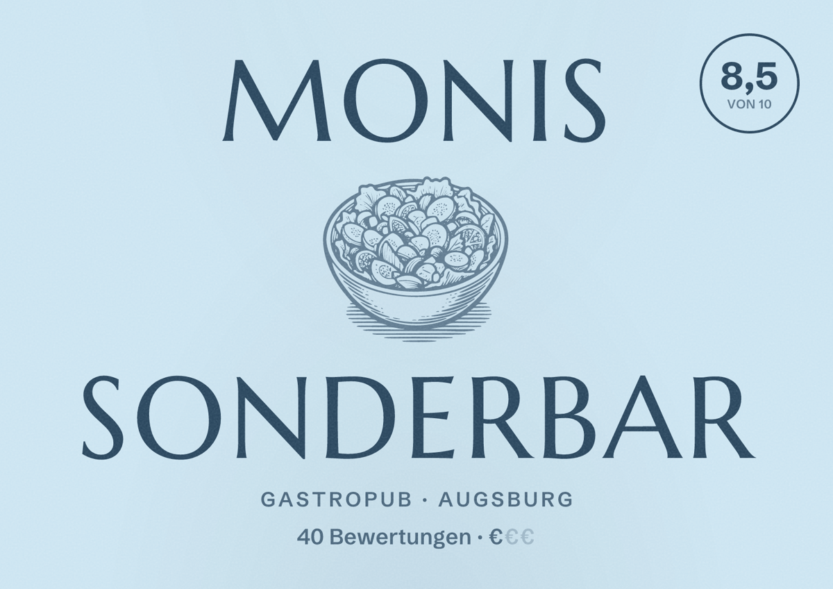 Illustriertes Poster von Monis SonderBar, Gastropub in Augsburg: Bewertung 8,5 von 10 aus 40 Bewertungen, Preisniveau €