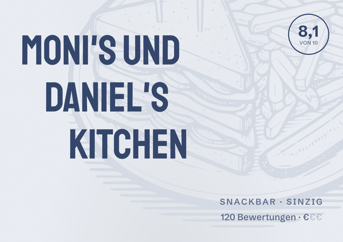 Illustriertes Poster von Moni's und Daniel's Kitchen, Snackbar in Sinzig: Bewertung 8,1 von 10 aus 120 Bewertungen, Preisniveau €