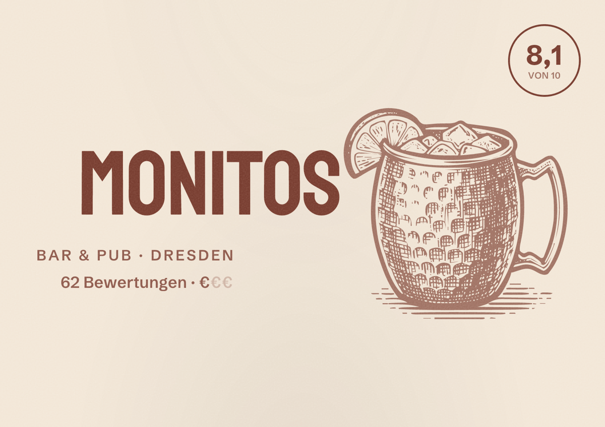 Illustriertes Poster von Monitos, Bar & Pub in Dresden: Bewertung 8,1 von 10 aus 62 Bewertungen, Preisniveau €