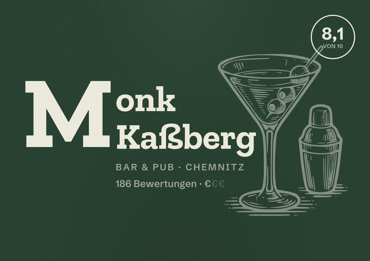 Illustriertes Poster von Monk Kaßberg, Bar & Pub in Chemnitz: Bewertung 8,1 von 10 aus 186 Bewertungen, Preisniveau €
