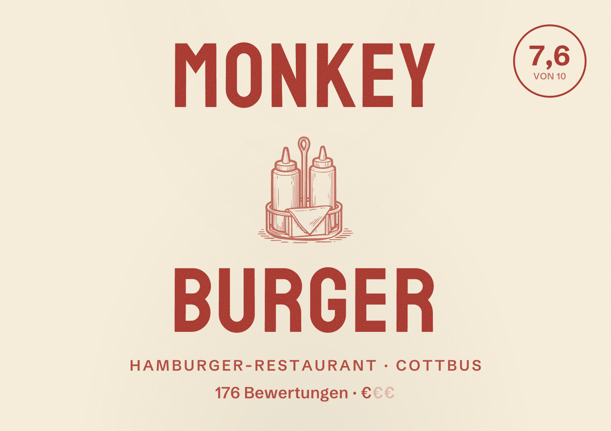 Illustriertes Poster von Monkey Burger, Hamburger-Restaurant in Cottbus: Bewertung 7,6 von 10 aus 176 Bewertungen, Preisniveau €
