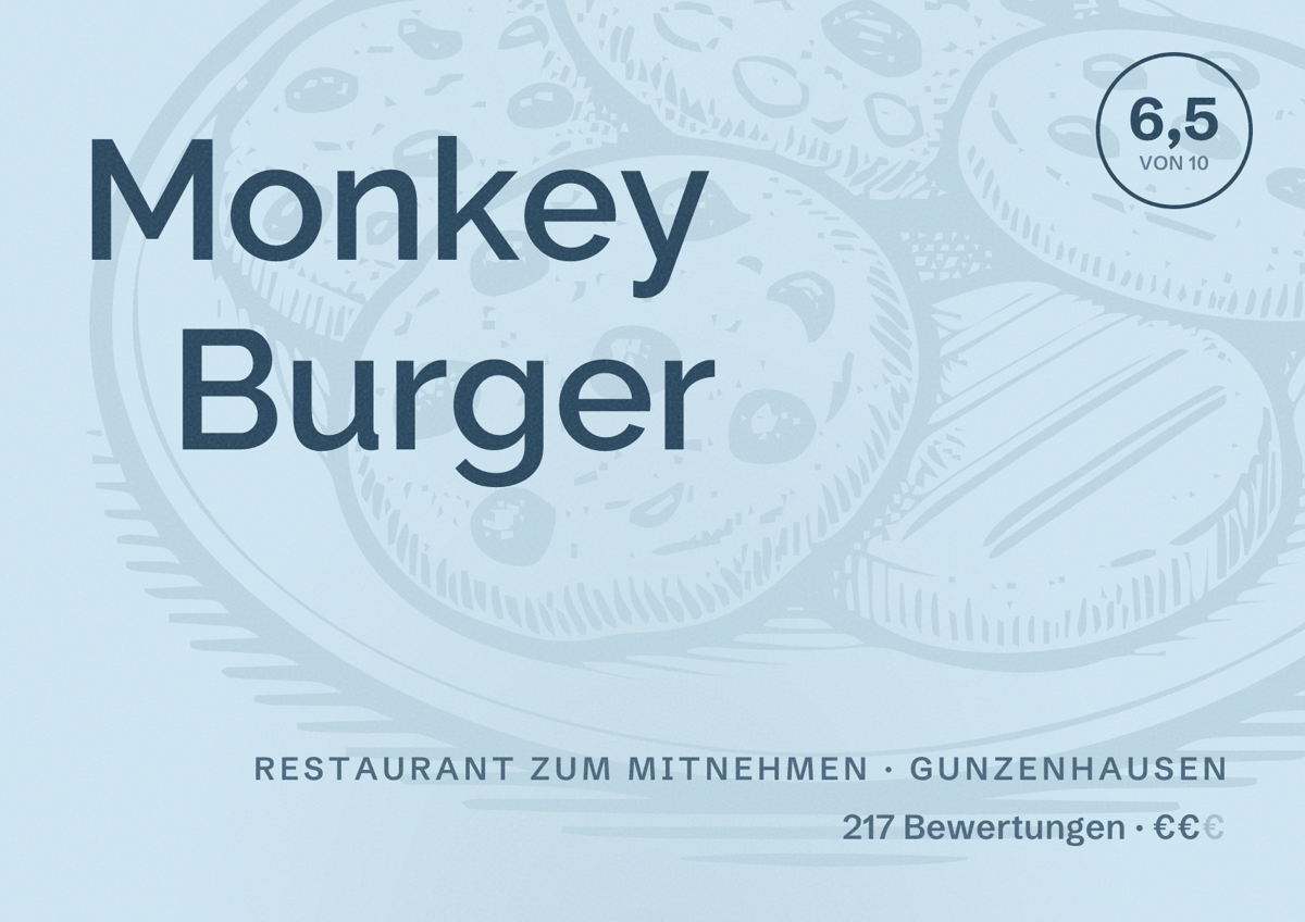 Illustriertes Poster von Monkey Burger, Restaurant zum Mitnehmen in Gunzenhausen: Bewertung 6,5 von 10 aus 217 Bewertungen, Preisniveau €€