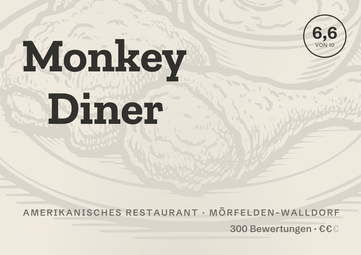 Illustriertes Poster von Monkey Diner, Amerikanisches Restaurant in Mörfelden-Walldorf: Bewertung 6,6 von 10 aus 300 Bewertungen, Preisniveau €€