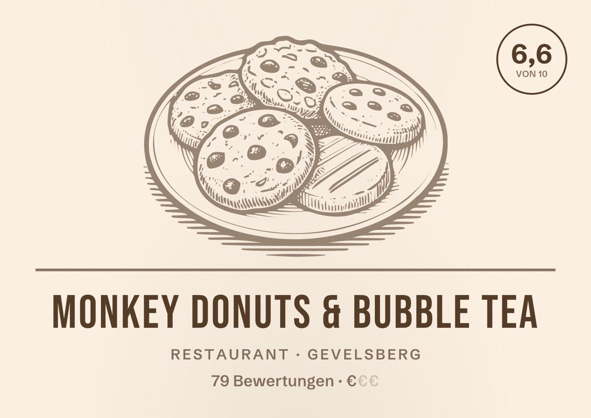 Illustriertes Poster von Monkey Donuts & Bubble Tea, Restaurant in Gevelsberg: Bewertung 6,6 von 10 aus 79 Bewertungen, Preisniveau €