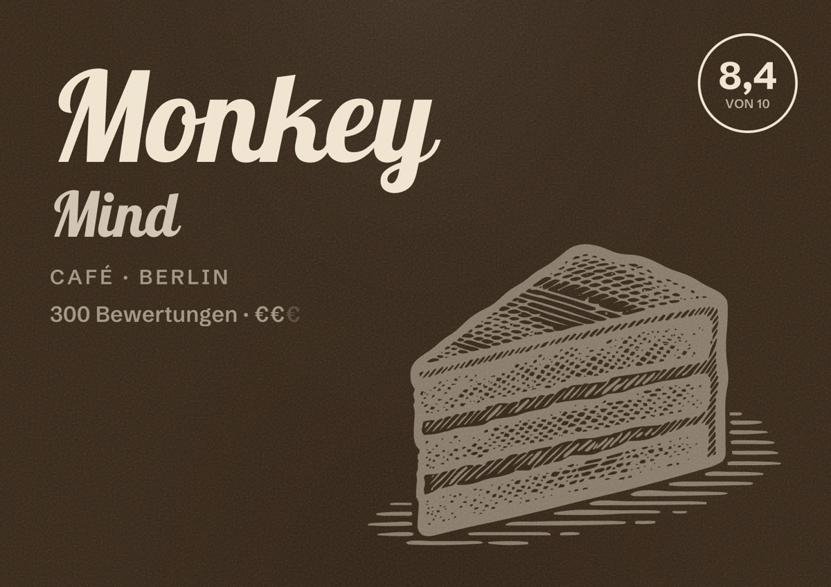 Illustriertes Poster von Monkey Mind, Café in Berlin: Bewertung 8,4 von 10 aus 300 Bewertungen, Preisniveau €€
