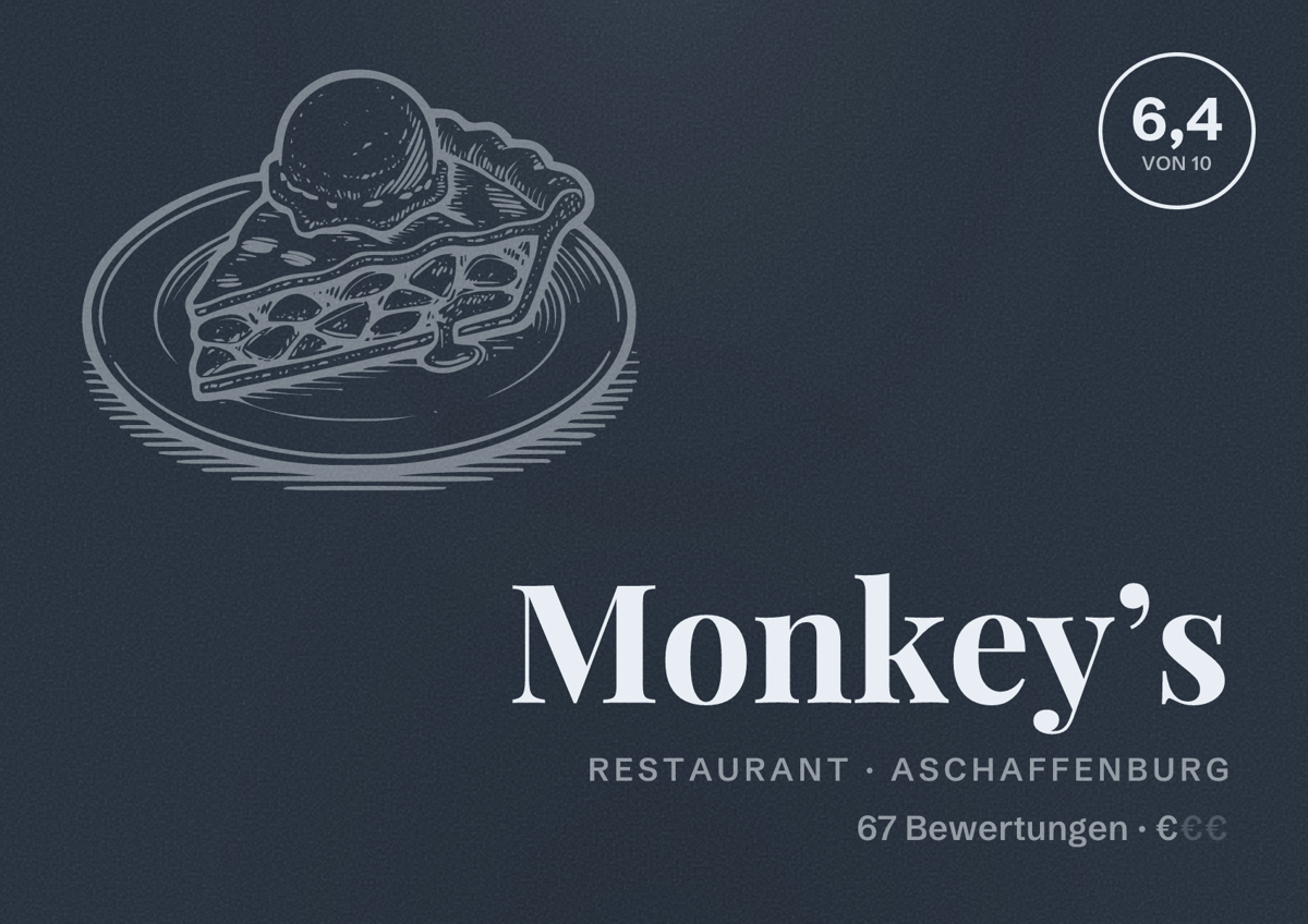 Illustriertes Poster von Monkey’s, Restaurant in Aschaffenburg: Bewertung 6,4 von 10 aus 67 Bewertungen, Preisniveau €
