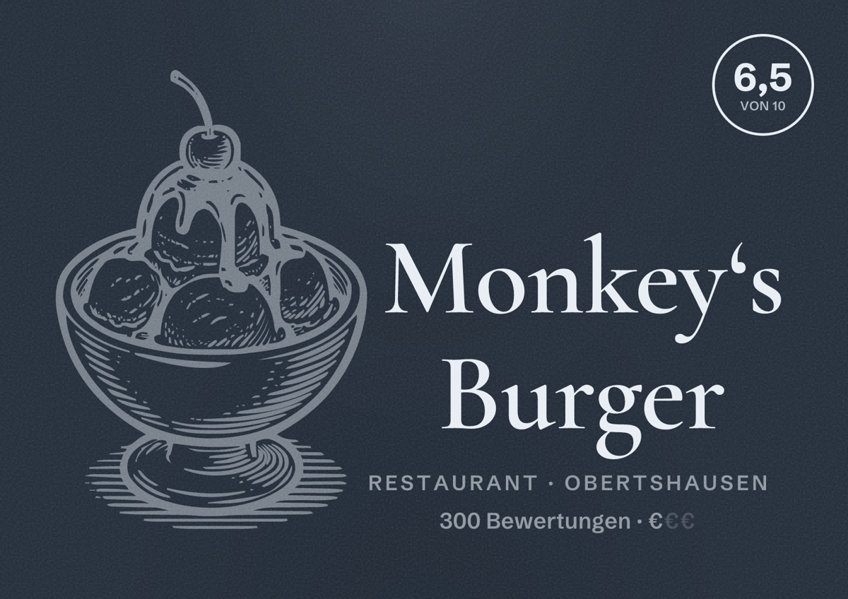 Illustriertes Poster von Monkey‘s Burger, Restaurant in Obertshausen: Bewertung 6,5 von 10 aus 300 Bewertungen, Preisniveau €