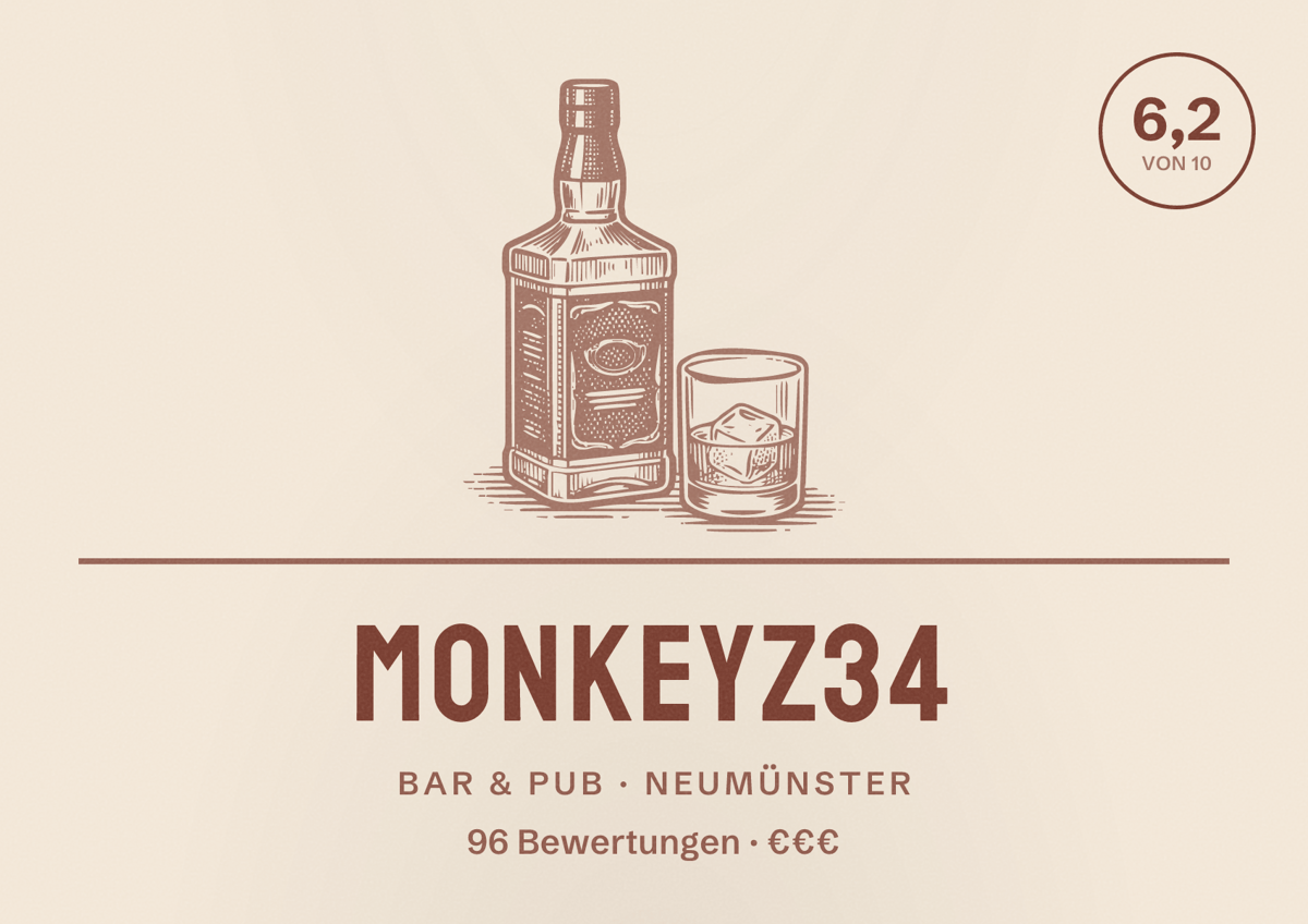 Illustriertes Poster von Monkeyz34, Bar & Pub in Neumünster: Bewertung 6,2 von 10 aus 96 Bewertungen, Preisniveau €€€